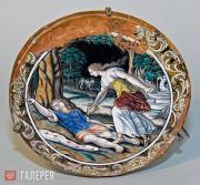 Painted saucer featuring the "Suicide of Pyramus and Thisbē" Painted saucer featuring the "Suicide of Pyramus and Thisbē"