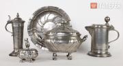 Drinking cup, dish, sugar bowl with a figure of Minerva on the lid, tureen, mug 