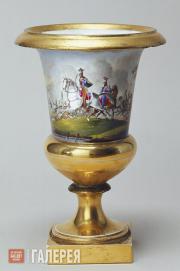 Crater-shaped vase decorated with battle scenes. Second quarter of the 19th cent