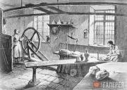 Potter and porcelain manufacturer Josiah Wedgwood at work in a primitive workshop throwing a pot. A large wheel is being turned by a woman assistant Potter and porcelain manufacturer Josiah Wedgwood