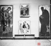 The “Rublev” wall at the Berlin exhibition: “Archangel Michael” (at the first stage of art conservation), “Apostle Paul” and “Harrowing of Hell” from the Dormition Cathedral in Vladimir, copy of”Holy Trinity” by Grygory Chirikov The “Rublev” wall at the Berlin exhibition: “Archangel Michael” (at the first st