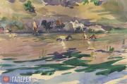 Plastov Arkady. Bathing the Horses in the Pond. 1913