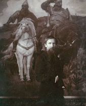 В.М. Васнецов около картины «Богатыри». 1897